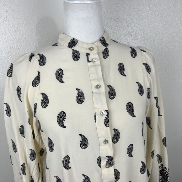 H&M Dress Women Small Beige Black Paisley All Over Print Long Sleeve Peplum Mini - Picture 8 of 15